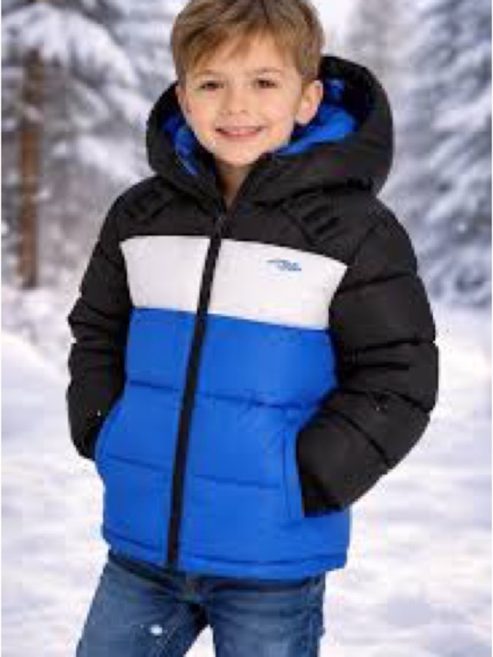 Colorblock Kids Puffer Jacket with Hood in Blue, Black & White